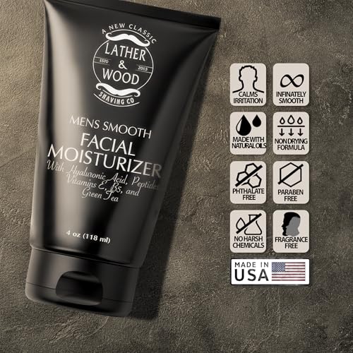 Face Moisturizer for Men - Lather & Wood's Luxurious Sophisticated Face Lotion for the Regular Guy. Fragrance-Free Facial Cream for Men. (Unscented, 4 ounce)
