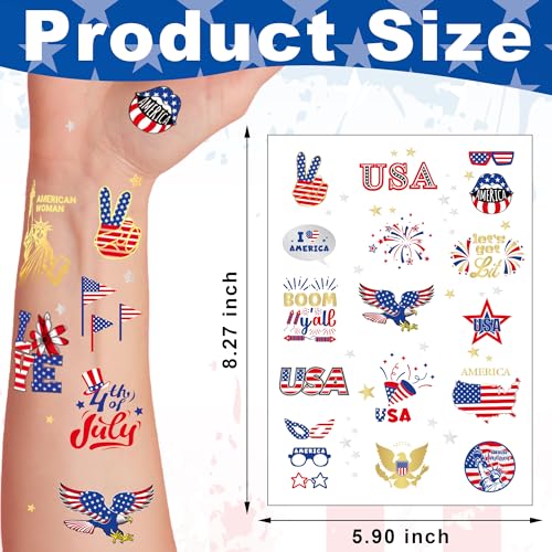 94 PCS 6 Sheets 4th of July Temporary Tattoo Set, Independence Day Body Stickers, Patriotic Parade Party Accessories, Long Lasting Tattoo Stickers for Kids Adults, Red White and Blue Accessories