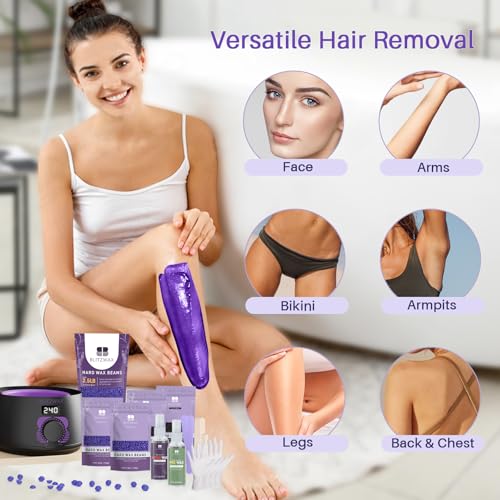 BLITZWAX Brazilian and Bikini Waxing Kit With 2.5lb Lavender Wax Beads, Hard Wax Warmer for Face, Legs and Body, At Home Hair Removal Kit, Beginner Friendly, Digital Fast Heating, 56 Wax Items