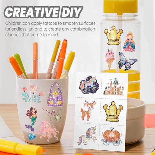 EMOME 204 Styles Glitter Tattoos for Kids, Mixed Temporary Tattoos for Kids, Individually Wrapped Mermaid Princess Butterfly Unicorns Stickers for Grils Birthday Party, Halloween Goodie Bag Stuffers