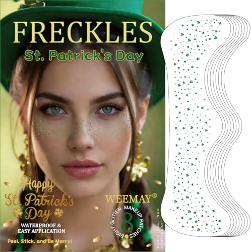 8 Pcs Green Face Glitter Freckles Stickers, St. Patrick's Day Glitter Freckles Face Tattoo, Waterproof, Easy to Apply and Remove, Long-lasting 48h Glitter Makeup for Women and Girls