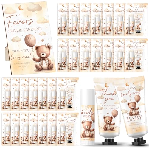 30 Set Gender Reveal Gifts for Guests 30 Pcs Bear Baby Shower Hand Cream and 30 Pcs Lip Balm with 1 Wooden Stand for Guests Baby Shower Prizes Party Favors Gender Reveal Souvenirs