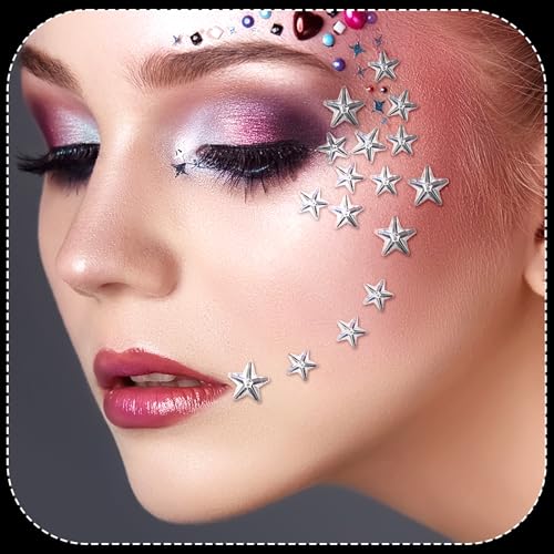 3 Sheets Self Adhesive Face Gems for Makeup Star Rhinestone Stickers Hair Gems Bling Jewels for Face Eyes Crafts Home Decor Scrapbooking Embellishments 5mm/7mm/10mm(Silver Rhinestones)