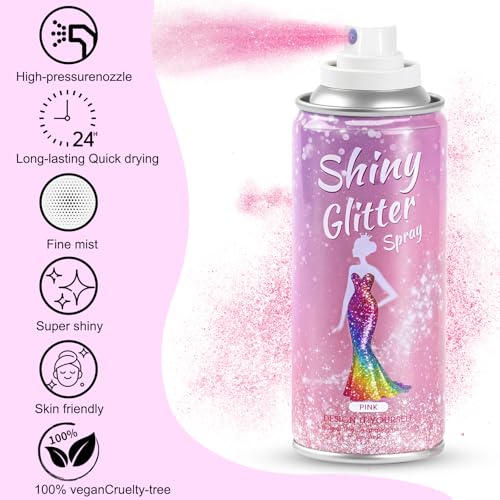 Hair and Body Glitter Spray,Long Lasting Quick-Drying Pink Shimmer Mist for Music Festival Revelry, Nightclub Parties and Balls,Hairspray for Clothes, Face Glitter Spray 4.22 Fl Oz (Pink)