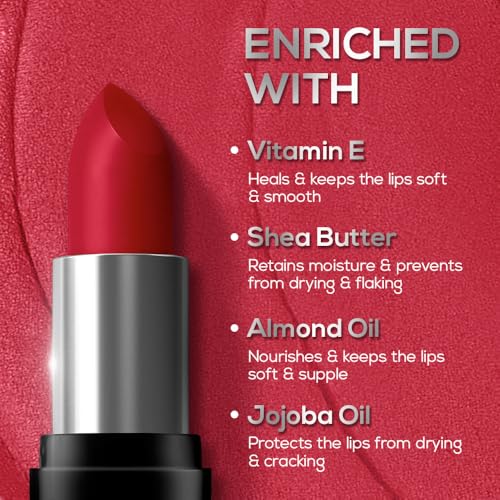 RENEE Prime Matte Lipstick - Rustic Red, Lightweight & Long-Lasting Formula, Creamy Matte Finish, One Swipe Application, Non-Drying, Vitamin E Infused, 4.5Gm