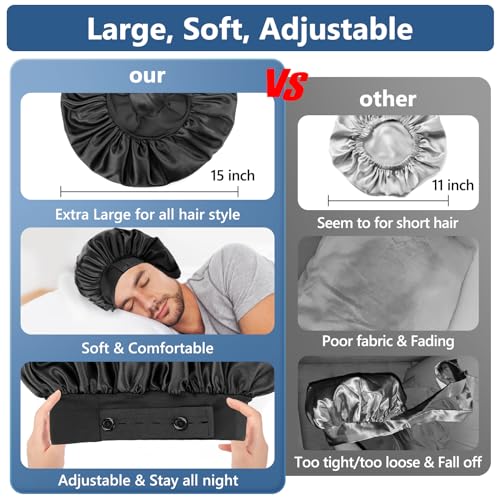 Silk Bonnets for Men, Satin Bonnet for Sleeping, Adjustable Hem & Double Layer, Large Sleep Bonnet for Curly Hair Braids Stay on All Night (Black)