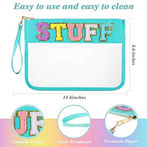 Sanwuta 2 Pcs Chenille Letter Clear Zipper Pouch Clear Snacks Bag Makeup Letter Bag Stadium Purse Transparent Travel Patch Pouch(Cute Stuff, Beach,Blue, Purple)