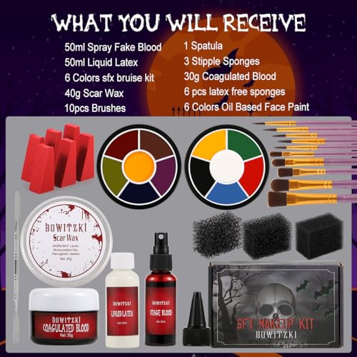 Bowitzki Halloween Makeup Kit Special Effect sfx Makeup,Liquid Latex+Scab Blood+Spray Blood+6 Colors Oil Based Face Paint+SFX bruise wheel+Skin Wax+Stipple Sponges+Latex free Sponges+Spatula+Brushes