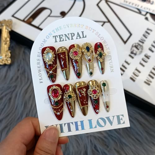 Imperial Bridal Press On Nails Long Stiletto,Phoenix Vermeil Ruby Filigree Designs Glue on Nails,Heirloom Cameo False Nails 10Pcs with Tools Kit,Reusable Wedding Fake Nails for Bride Matron(L)