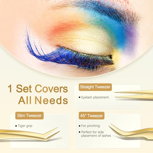 MORGLES Golden Lash Tweezers Set, 5 PCS Professional Eyelash Tweezers for Eyelash Extensions for Beginners & Lash Artists