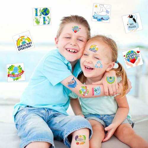HOWAF 96pcs Earth Day Temporary Tattoos for Earth Day Decorations, Earth Day Tattoo Stickers for Kids, Earth Day Party Favors Environmental Protection Face Tattoos, Blue Green Save Earth Fake Tattoos