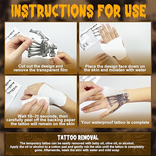 4 Sheets Halloween Tattoos, Horror Halloween Face Temporary Tattoos, Waterproof Fake Skeleton Zombie Face Tattoos Stickers Make Up Accessories for Carnival Makeup Halloween Masquerade