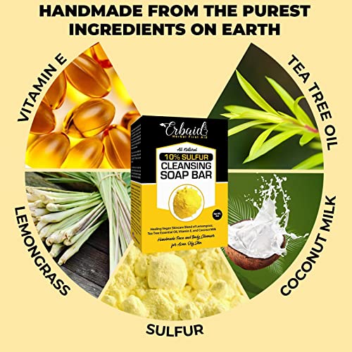 10% Sulfur Soap Cleansing Bar for Face & Body ? All Natural Facial Cleanser for Acne, Oily Skin ? Healing Skincare Blend of Lemongrass, Tea Tree Essential Oil, Vitamin E, Coconut Milk ? Made in USA