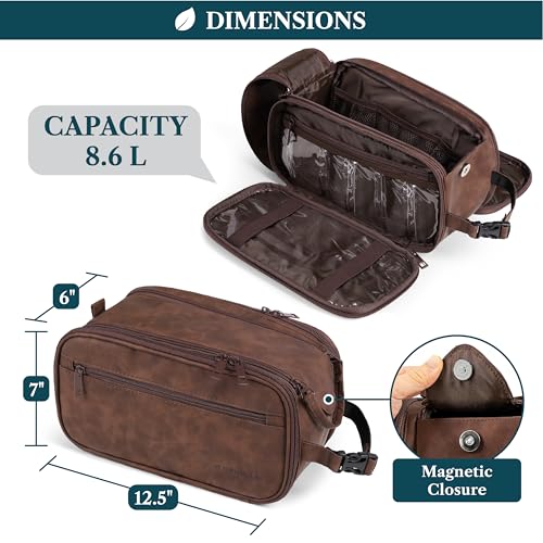 PAVILIA Large Toiletry Bag for Men Women, Mens Travel Bag Toiletries Organizer Case for Grooming, Travel Essentials Shaving Dopp Kit, PU Leather Water Resistant Cosmetic Pouch, Dark Brown