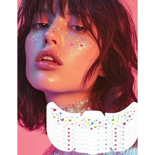 6 Pcs Rainbow Freckles Face Tattoo, Rainbow Heart Glitter Freckle Face Temporary Tattoos Long Lasting, Multichrome Iridescent Sparkle Freckles Colorful Rave Festival Accessories for Women, Set C