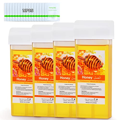 Roll On Wax, Honey Hair Removal Wax Cartridge, Depilatory Wax Roller Refill, 4 Pack - 100% Natural Material, Dermatologically Tested, Easy & Safe to Use, For Body Waxing, Leg and Arms