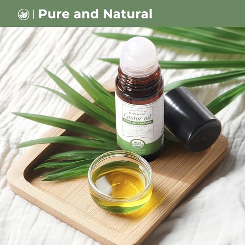Castor Oil Roll on for Waist Belly Body Skin, Certified Organic Pure Cold Pressed Body Castor Oil Roller Stick Glass Bottle - 1fl.oz