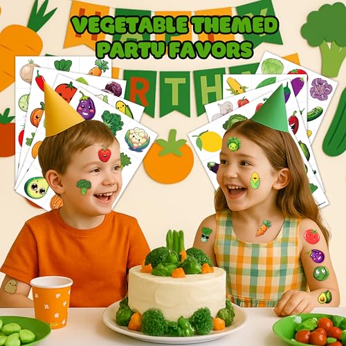 96 PCS Funny Vegetable Pre-cut Temporary Tattoos Sticker Avocado Corn Pumpkin Birthday Party Decorations Supplies Favors Celebration Gifts Boys Girls Baby Shower Cute Tattoo School Reward Themed