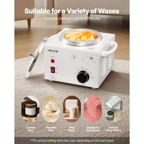 VEVOR Single Wax Warmer, 600ML Professional Wax Warmer for Hair Removal, 32 ¢µ to 176¢µ Adjustable Electric Waxing Heater Pot with 100PCS Waxing Sticks for Home Use, Beauty Salon, Spa