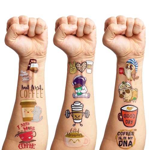 96 PCS Funny Iced Coffee Temporary Tattoos Cup Mug Cups Quotes Themed Birthday Party Decorations Supplies Favors Decor Cute Stickers Tattoo Gifts for Kids Girls Boys School Rewards Carnival