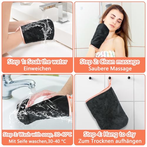 PHOGARY 8 Pack Microfiber Wash Mitts for Face Body, Super Soft Absorbent Coral Fleece Facial Cloths Bath Shower Mitt, Reusable Makeup Remover Washcloths, Black, 6x9in