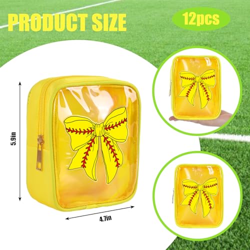JarThenaAMCS 12Pcs Softball Bow Clear Makeup Bags Yellow Red Plastic Cosmetic Bags Waterproof Toiletry Travel Pouch for Sport Team Party Favor Supplies