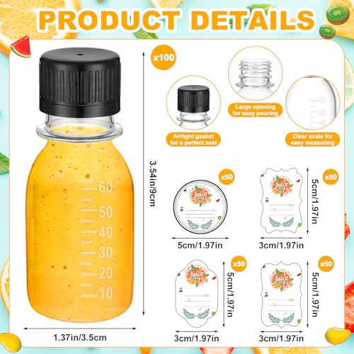 LemonRoad 100 Pcs 2oz Small Plastic Juice Bottles with Black Cap Mini Reusable Clear Shot Jar with Lid Scale and Label for Ginger Liquid Drink Milk Beer Coffee Storage Container Portable Travel