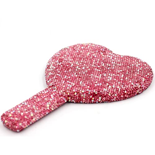 Bling Rhinestone Heart Handheld Mirror - Portable & Dazzling Makeup Mirror for On-The-Go Touch-ups (Plastic Pink)
