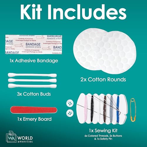 World Amenities Necessities Grooming Vanity Kit | Hotel Amenities | Includes Sewing Kit, Nail File, Cotton Swabs, 2 Cotton Rounds and Band-Aid | Pack of 25 Kits