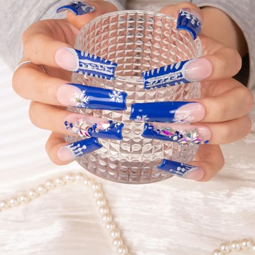 LOVFUL Press on Nails Snow Waltz Blue French Tip| Handmade with Full Covered Crystals | Reusable Fake Nails | Square Mid Length 1.7 in | H140-S