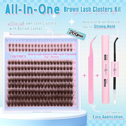Yawamica Brown Lash Clusters Kit Fluffier Wispy Eyelash Extension Kit with Bottom Lashes 40D Volume Eyelash Clusters 10-16mm Individual Lashes with Brown Bond and Seal and Tweezers DIY Lash