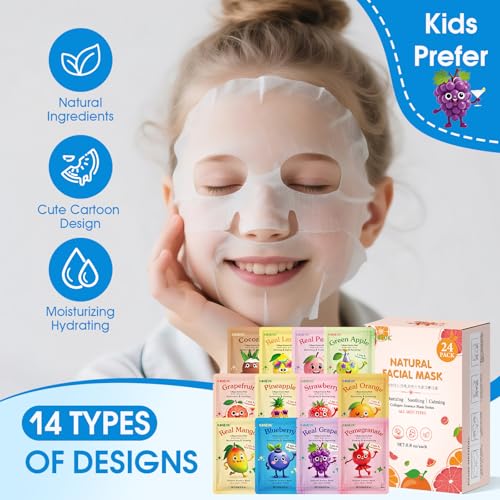24 Pack Fruit Kids Face Mask, Collagen Hydrating Face Masks Skincare for Teens Girls, Skin Care for Kids, Spa Party Supplies and Bulk Birthday Gifts for Women, Easter Basket Stuffers