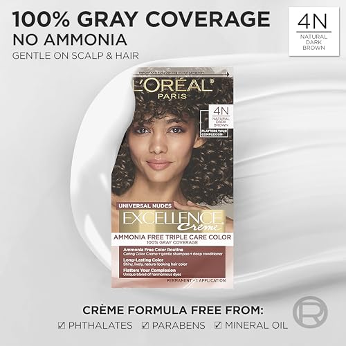 L¡¯Oreal Paris Excellence Universal Nudes Permanent Hair Color, Ammonia Free Hair Dye for Gray Hair Coverage, 4N Natural Dark Brown, 1 Hair Dye Kit