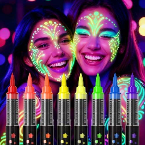 8-color luminous body painting, UV neon face painting pen, luminous face painting kit, washable skin tattoo pen, Halloween party makeup (8 colors)