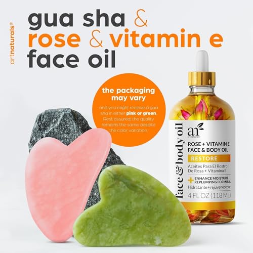 ArtNaturals Face & Body Vitamin E Bio Oil 4.0oz + Gua Sha Facial Tools Set - Organic Moisturizer Skincare for Scars, Stretch Mark, Cellulite & Nails - Great Massage oil for Massaging Joint & Muscle