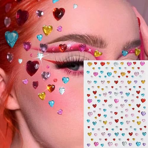 6Sheets Face Gems Stickers Self-Adhesive Hair Jewels Stickers Butterfly Heart Diamonds Mixed Colors Sparkly Rhinestone for Women Eye Face Makeup