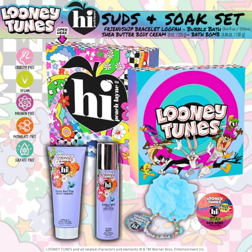 Looney Tunes x Hi Peach Layne Premium Bath Gift Set in Lenticular Box, containing a10 fl oz Body Wash, 8 oz Body Cream, 4.5 oz Bath Bomb and a Friendship Loofah