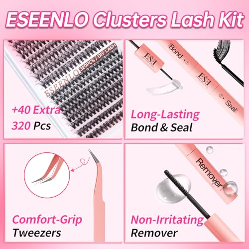 Lash Extension Kit, 320pcs DIY Eyelash Extension Kit 9-16mm Mix, 30D 40D Curl Individual Lash Clusters with Bond, Seal, Remover and Tweezers