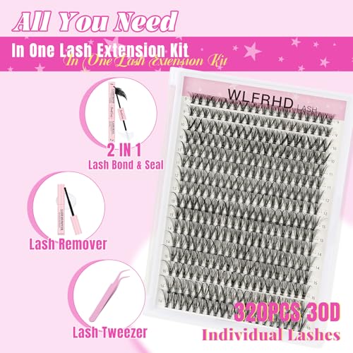 Lash Clusters Kit 320 Pcs DIY Individual Cluster Lashes D Curl Lash Extension Kit with Eyelash Bond and Seal, Remover, Tweezers Applicator Tool for False Eyelash Cluster Kit(30D, Mix9-16mm Kit)