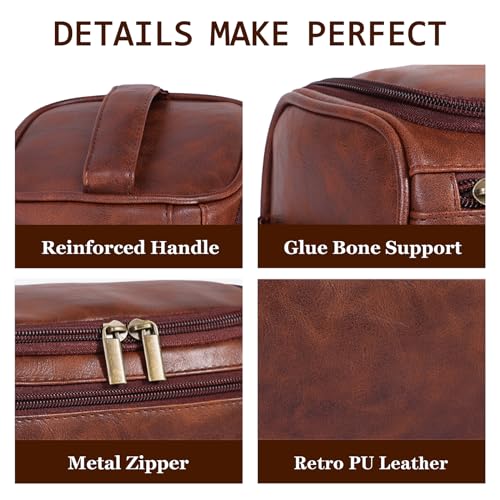 Toiletry Bag for Men, Hanging Travel Shaving Dopp Kit for Men and Women, Water-resistant Toiletries Organizer Bags, PU Leather Cosmetic Bags for Makeup Accessories (Dark Brown)