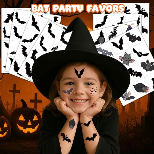 96 PCS Bat Halloween Pre-Cut Temporary Tattoos Birthday Party Decorations Supplies Favors Scary Halloween Bats Cute Decor Tattoo Stickers Gifts For Game Boys Girls Classroom School Prizes Reward