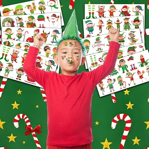 96PCS Elf Chritsmas Temporary Tattoos Winter Themed Birthday Party Decorations Supplies Favors Merry Xmas Snowflake Snowman Tattoo Stickers Gifts For Boys Girls Kids School Prizes Carnival Holiday