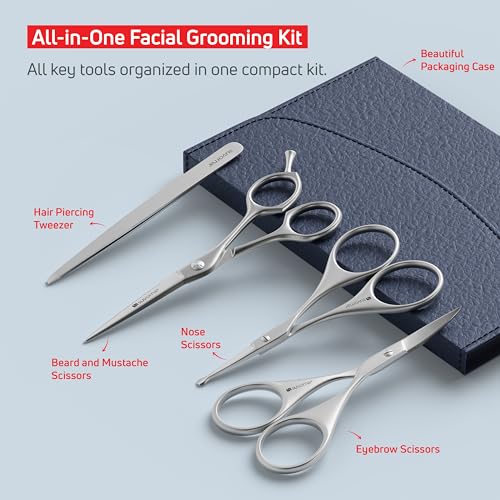 Suvorna Premium Beard & Mustache Set with Beard scissors for men - Facial Hair/Nose/Eyebrow Scissors - Slant Tweezers (4 Pcs Dark Blue)