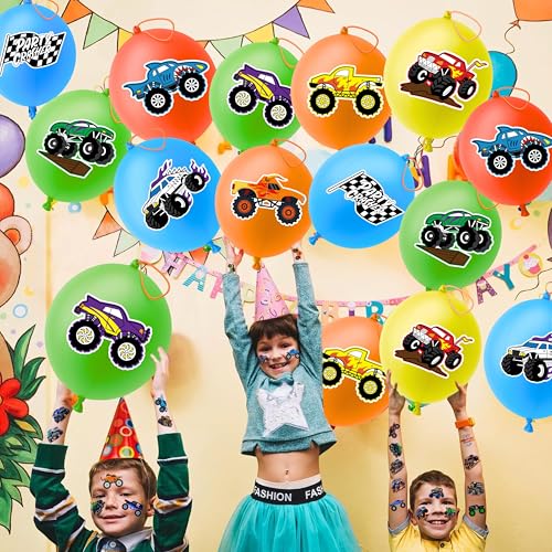 72 PCS Monster Truck Party Favors - 48 PCS Temporary Tattoos & 24 PCS Punch Balloons Combo - Birthday Gifts & Goodie Bag Fillers