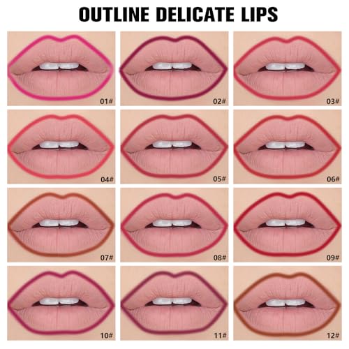 evpct 12Pcs Matte Waterproof Lip Liner Crayon Pencils Set Packs for Shaping & Sculpting Lips, Nude Pink Chestnut Maroon Dark Taupe Brown Plum Purple Deep Red Creamy Lipstick and Lip Liner Set