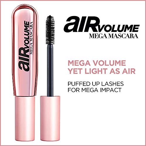 L'Oreal Paris Makeup Air Volume Mega Mascara, Lightweight & Long-lasting Volumizing Mascara for Voluminous Eyelashes, Waterproof Blackest Black, 0.3 Fl Oz
