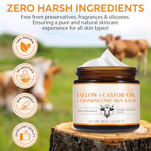Grass-Fed Beef Tallow Cream with Frankincense and Castor Oil 2.1 fl.oz, Raw Honey for Skin Care,Face & Body Moisturizer for Skin,Sensitive Skin & Dry Skin Age Defying, Eczema All-Purpose Balm