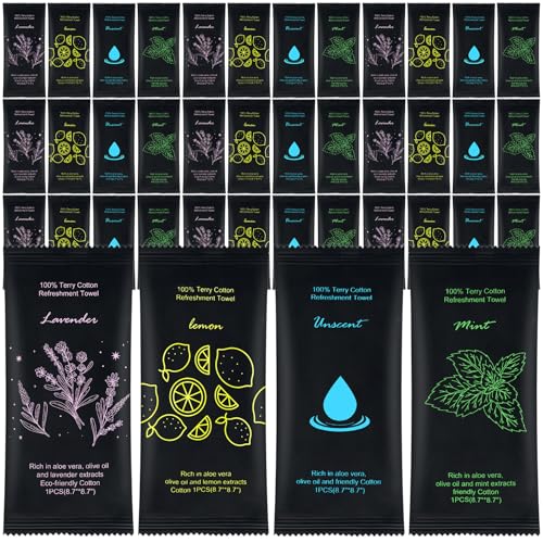 Moist Cotton Towel Bulk Moist Towelettes Individually Wrapped 8.7" x 8.7",White Towel Services,Refreshment Pre Moistened Towels Lavender,Lemon,Mint and Unscented for Sport Party Spa (pack of 200)