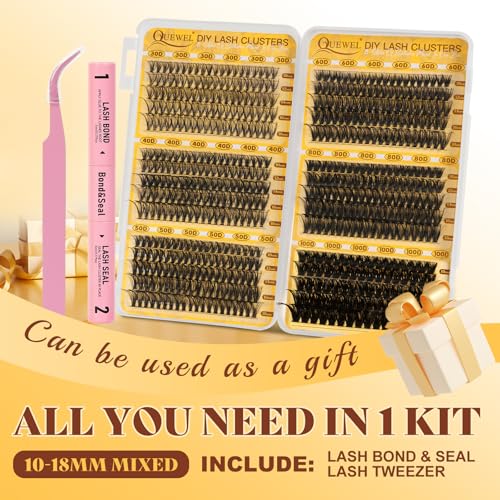 QUEWEL 580PCS Lash Clusters Kit 30D+40D+50D+60D+80D+100D Lashes Clusters Kit 10-18mm Cluster Lashes Individual Eyelash Clusters Reusable for Natural DIY Cluster Eyelash Extensions for Beginners