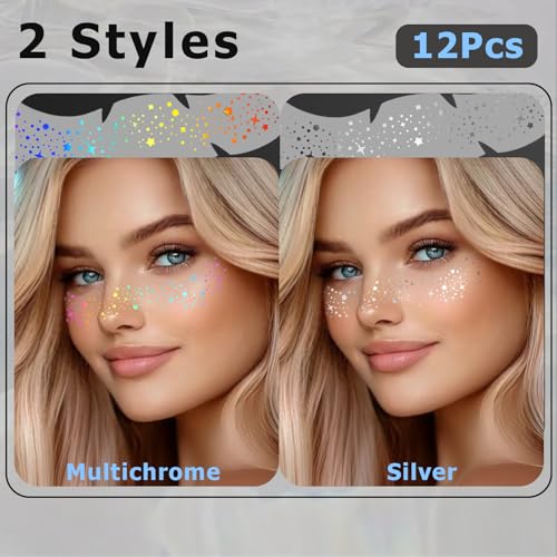12pcs Holographic Rainbow & Silver Glitter Freckles Face Tattoo, Waterproof Sparkle Face Glitter Speckles Patches for Women, Cute Star Temporary Tattoo Fairy Makeup Accessories for Rave